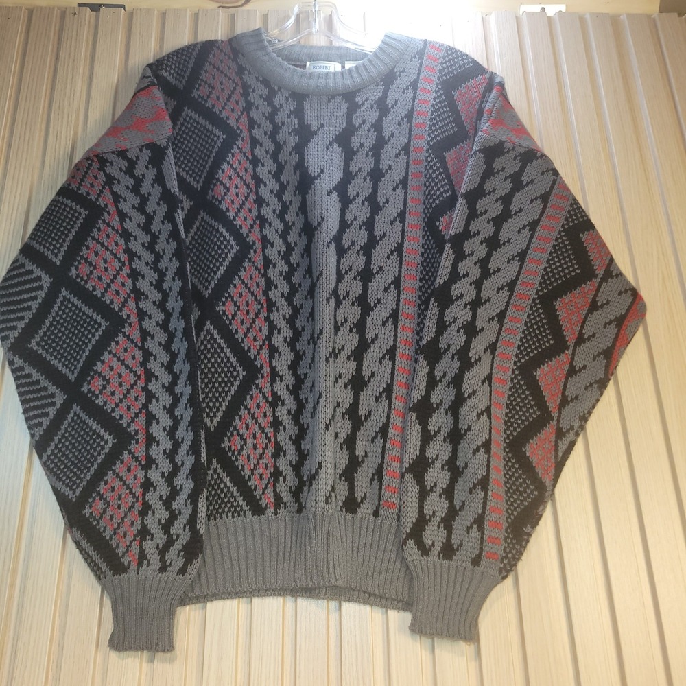 Robert Bruce Vintage Geometric Intarsia Knit Sweater Mens Large Grey Black Red